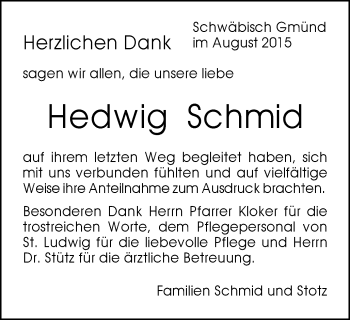 Traueranzeige von Hedwig Schmid von Gmünder Tagespost