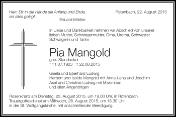 Traueranzeige von Pia Mangold von Schwäbische Post