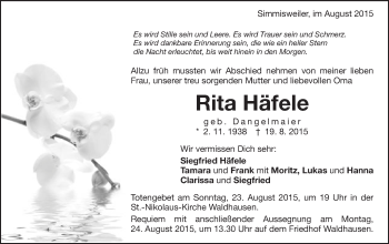 Traueranzeige von Rita Häfele von Schwäbische Post