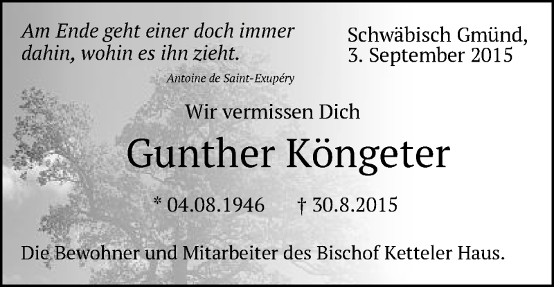  Traueranzeige für Gunther Köngeter vom 03.09.2015 aus Gmünder Tagespost