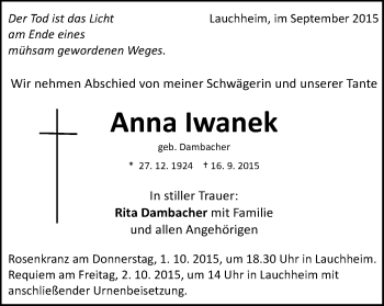 Traueranzeige von Anna Iwanek von Schwäbische Post