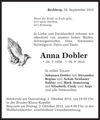 Traueranzeige von Anna Dobler von Gmünder Tagespost