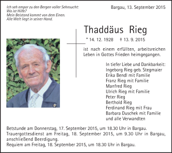 Traueranzeige von Thaddäus Rieg von Gmünder Tagespost