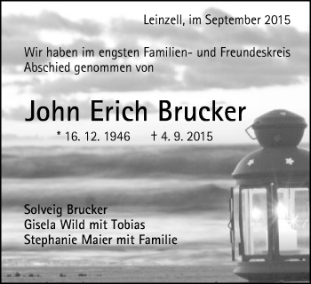 Traueranzeige von John Erich Brucker von Gmünder Tagespost