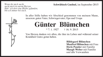 Traueranzeige von Günter Blümchen von Gmünder Tagespost