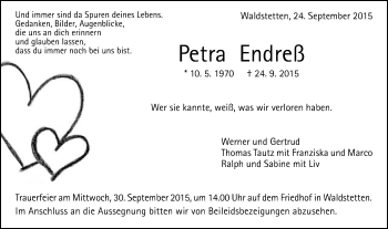 Traueranzeige von Petra Endreß von Gmünder Tagespost