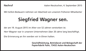 Traueranzeige von Siegfried Wagner von Schwäbische Post