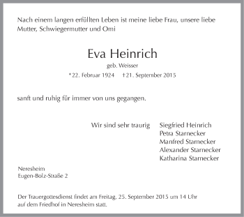 Traueranzeige von Eva Heinrich von Schwäbische Post