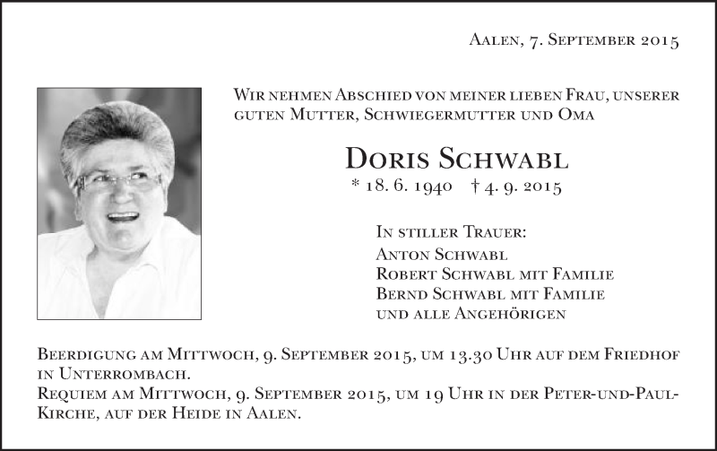  Traueranzeige für Doris Schwabl vom 07.09.2015 aus Schwäbische Post