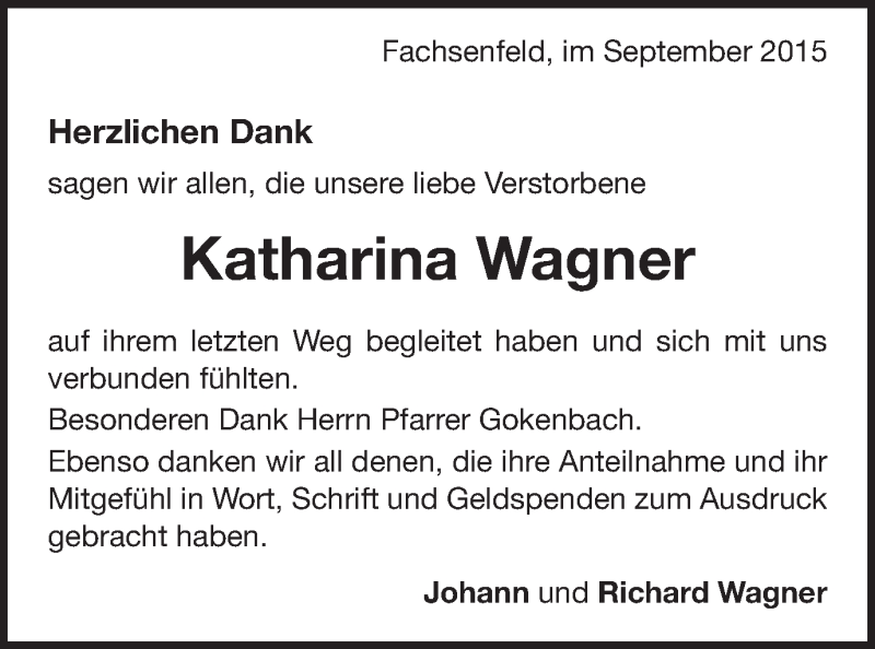  Traueranzeige für Katharina Wagner vom 17.09.2015 aus Schwäbische Post
