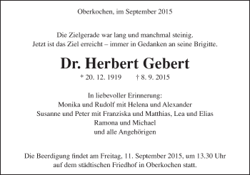 Traueranzeige von Herbert Gebert von Schwäbische Post