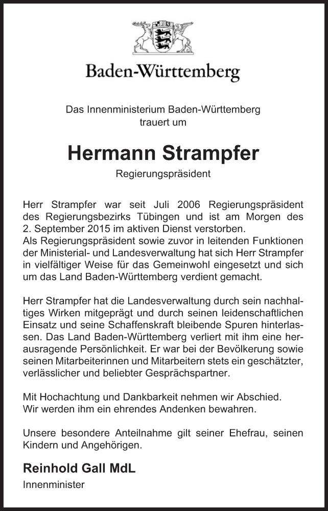  Traueranzeige für Hermann Strampfer vom 04.09.2015 aus Gmünder Tagespost