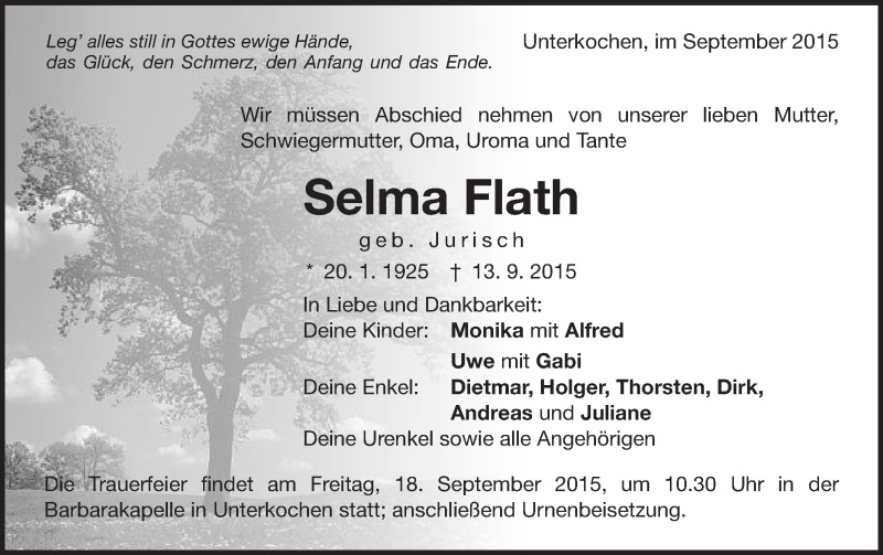  Traueranzeige für Selma Flath vom 16.09.2015 aus Schwäbische Post