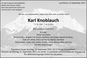 Traueranzeige von Karl Knoblauch von Schwäbische Post