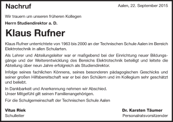 Traueranzeige von Klaus Rufner von Schwäbische Post