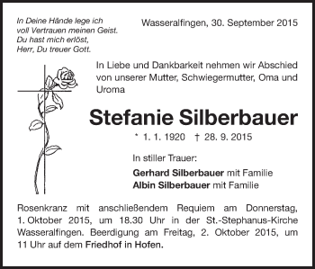 Traueranzeige von Stefanie Silberbauer von Schwäbische Post