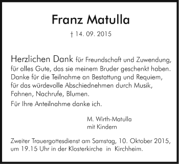 Traueranzeige von Franz Matulla von Schwäbische Post