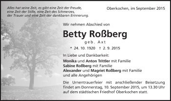 Traueranzeige von Betty Roßberg von Schwäbische Post