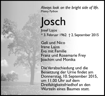 Traueranzeige von Josef Lajos von Gmünder Tagespost