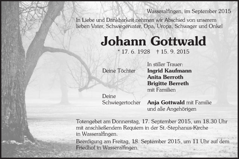  Traueranzeige für Johann Gottwald vom 16.09.2015 aus Schwäbische Post