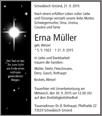 Traueranzeige von Erna Müller von Gmünder Tagespost