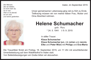 Traueranzeige von Helene Schumacher von Schwäbische Post