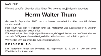 Traueranzeige von Walter Thum von Schwäbische Post