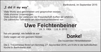 Traueranzeige von Uwe Feichtenbeiner von Gmünder Tagespost
