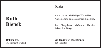 Traueranzeige von Ruth Bienek von Gmünder Tagespost