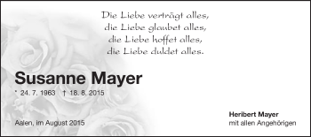 Traueranzeige von Susanne Mayer von Schwäbische Post