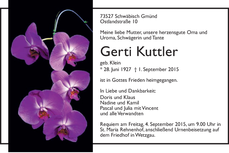  Traueranzeige für Gerti Kuttler vom 03.09.2015 aus Gmünder Tagespost