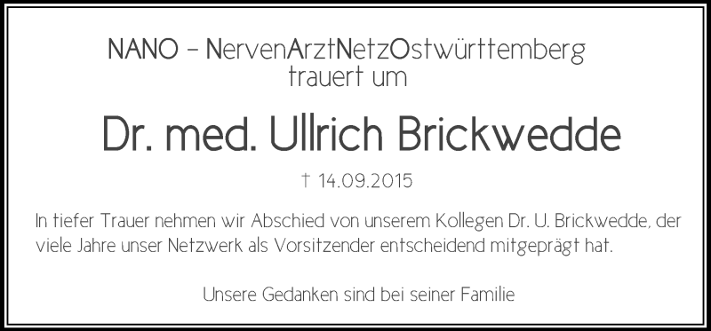  Traueranzeige für Ullrich Brickwedde vom 24.09.2015 aus Schwäbische Post