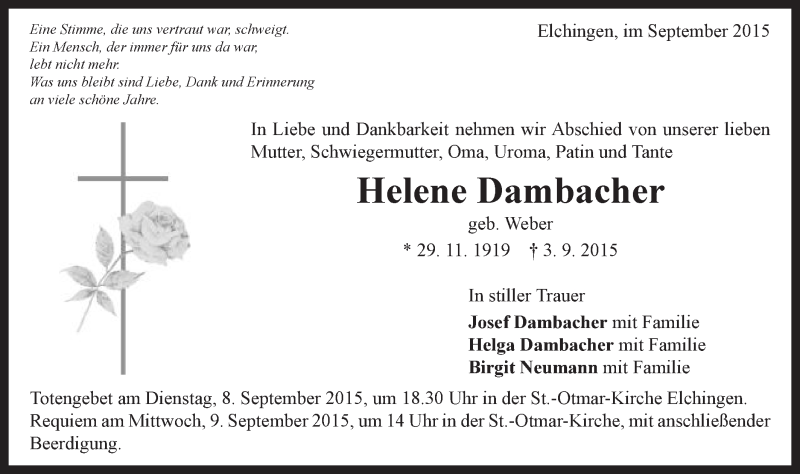  Traueranzeige für Helene Dambacher vom 07.09.2015 aus Schwäbische Post