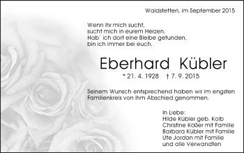 Traueranzeige von Eberhard Kübler von Gmünder Tagespost