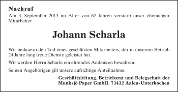 Traueranzeige von Johann Scharla von Schwäbische Post