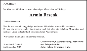 Traueranzeige von Armin Brzenk von Gmünder Tagespost