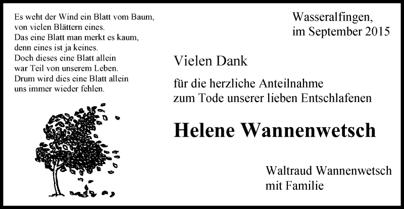  Traueranzeige für Helene Wannenwetsch vom 09.09.2015 aus Schwäbische Post
