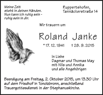 Traueranzeige von Roland Janke von Gmünder Tagespost