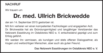 Traueranzeige von Ullrich Brickwedde von Schwäbische Post