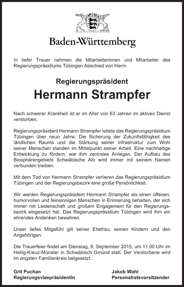  Traueranzeige für Hermann Strampfer vom 04.09.2015 aus Gmünder Tagespost