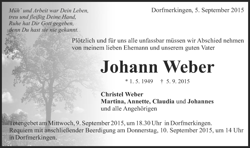  Traueranzeige für Johann Weber vom 07.09.2015 aus Schwäbische Post