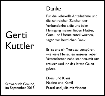 Traueranzeige von Gerti Kuttler von Gmünder Tagespost