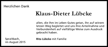 Traueranzeige von Klaus-Dieter Lübcke von Gmünder Tagespost