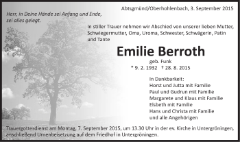 Traueranzeige von Emilie Berroth von Schwäbische Post