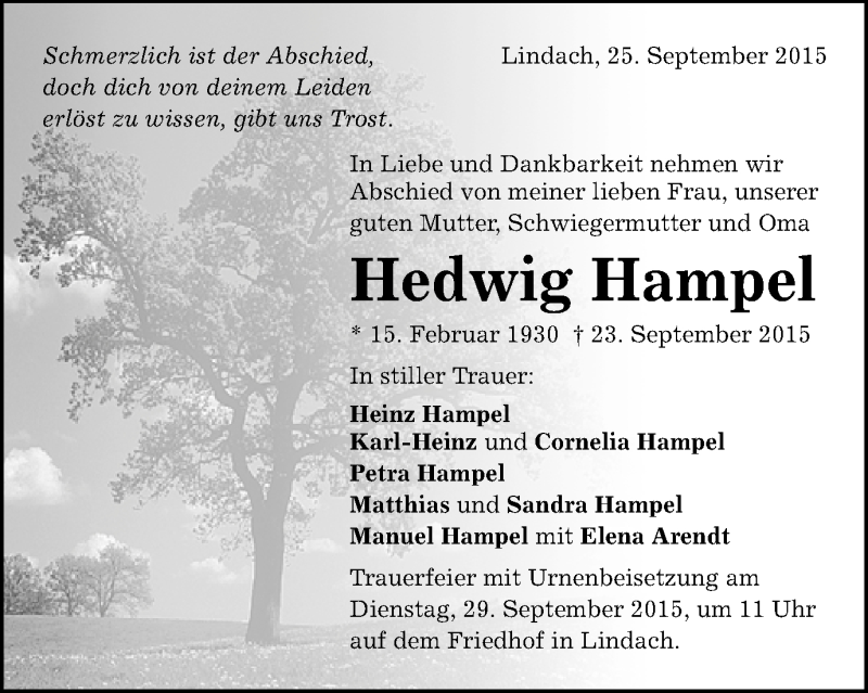  Traueranzeige für Hedwig Hampel vom 25.09.2015 aus Gmünder Tagespost