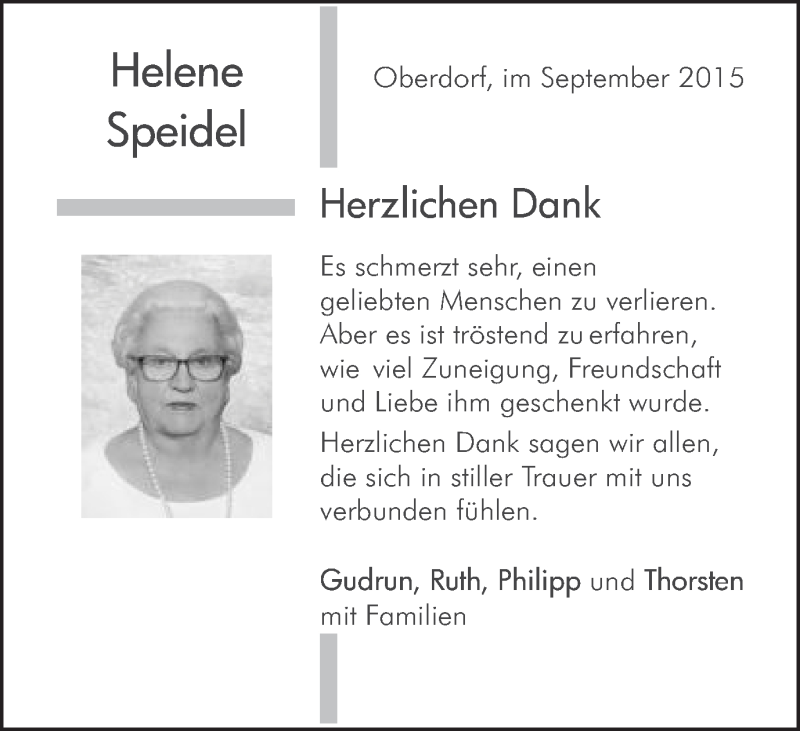  Traueranzeige für Helene Speidel vom 26.09.2015 aus Schwäbische Post