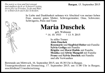 Traueranzeige von Maria Duschek von Gmünder Tagespost