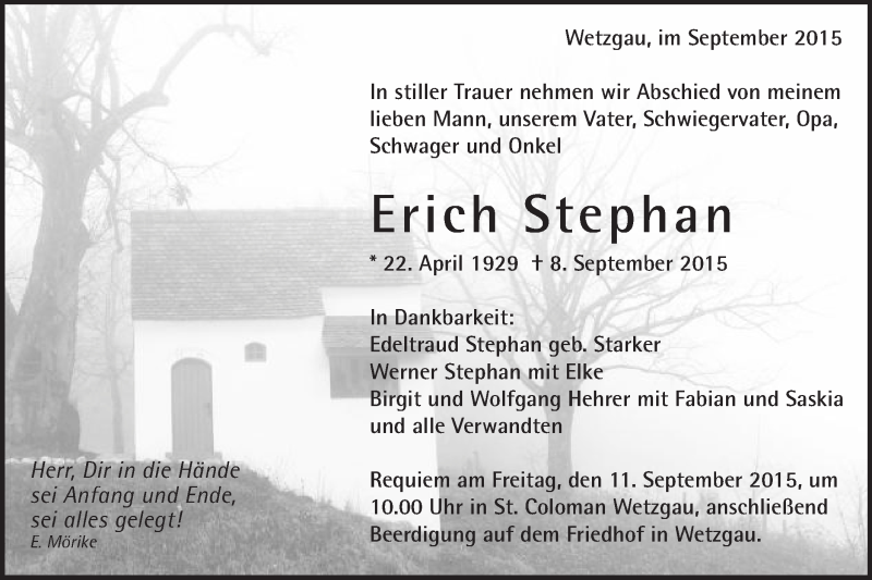  Traueranzeige für Erich Stephan vom 10.09.2015 aus Gmünder Tagespost