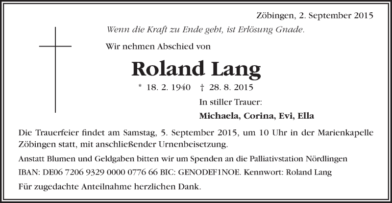  Traueranzeige für Roland Lang vom 02.09.2015 aus Schwäbische Post