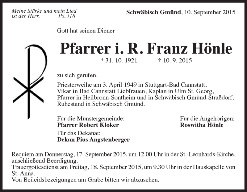  Traueranzeige für Franz Hönle vom 14.09.2015 aus Gmünder Tagespost